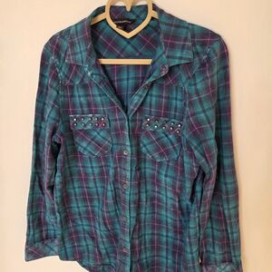 Rock & Republic Teal and Purple Plaid Shirt
